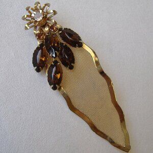 Flower Leaf Pin Brown Amber Rhinestone Brooch Wire Mesh Gold Tone Metal Vintage